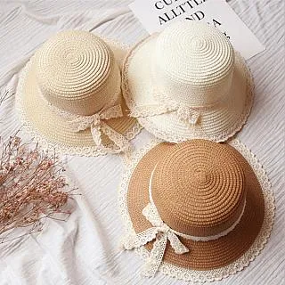 PS MALL兒童草帽 夏季卷邊蝴蝶結盆帽 2入 歷史價格詳細信息