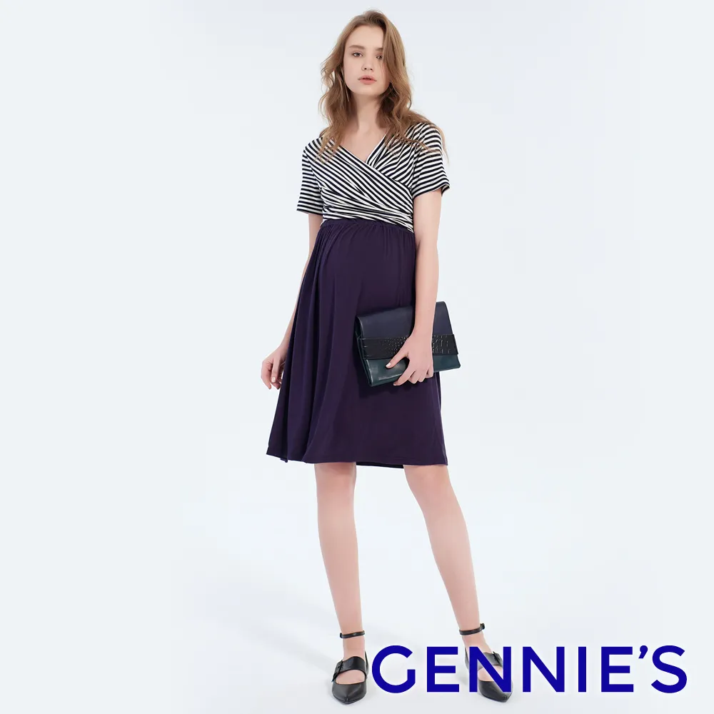 【Gennies 奇妮】極彈條紋拼接哺乳洋裝-藍(哺乳衣 短袖哺乳衣 交叉V領 抓皺 下拉哺乳) 歷史價格詳細信息