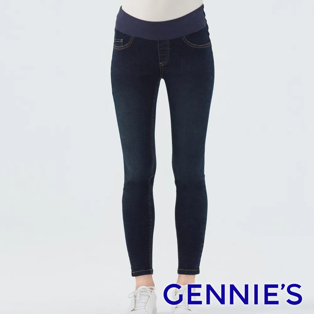 【Gennies 奇妮】經典彈力牛仔褲-深藍(孕婦褲 長褲 窄管 後雙口袋 彈力羅紋 中腰褲頭) 歷史價格詳細信息
