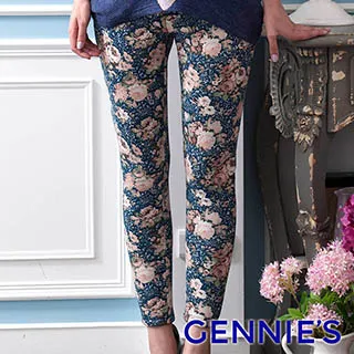 【Gennies 奇妮】花卉圖藤內刷毛一體成型貼腿長褲(藍T4815) 歷史價格詳細信息