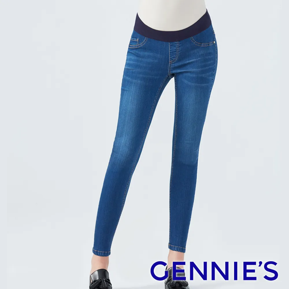 【Gennies 奇妮】經典彈力牛仔褲-深藍(孕婦褲 長褲 窄管 後雙口袋 彈力羅紋 中腰褲頭) 歷史價格詳細信息