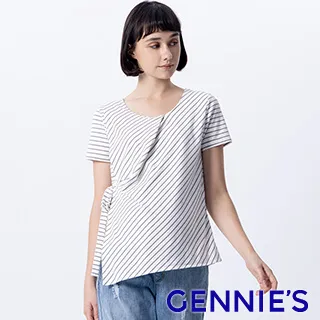 Gennies奇妮 休閒條紋棉質秋冬長版上衣-綠紫(G3403) 歷史價格詳細信息