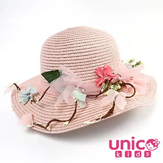 UNICO 兒童 時尚媽咪最愛夏季女童可折疊遮陽帽/草帽/沙灘帽-粉圓邊花朵 歷史價格詳細信息