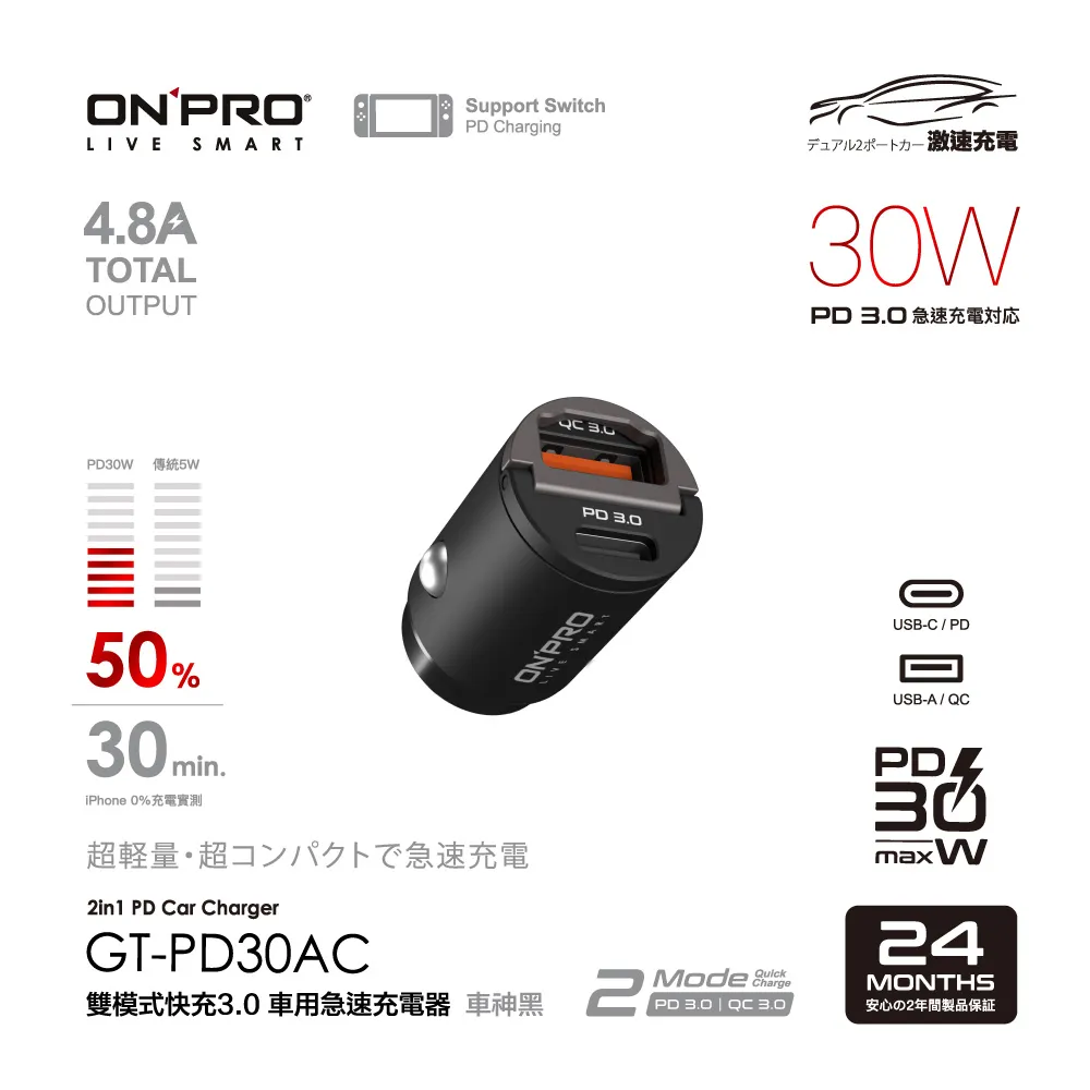 ONPRO GT-PD30AC 隱藏式迷你車用充電器 車用充電器 R38727 車充 快充 露營 歷史價格詳細信息