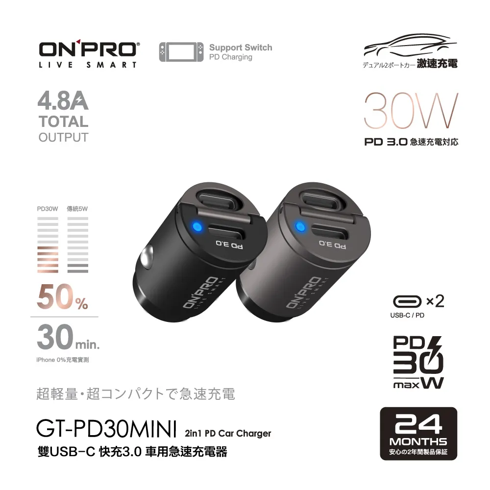ONPRO GT-PD30MINI 30W 隱藏式雙Type-C車用PD快充充電器【極速黑】 歷史價格詳細信息