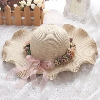 優雅花朵絲帶法式復古草帽女夏平頂小檐禮帽出游度假沙灘防曬帽子-沐雨家居 歷史價格詳細信息