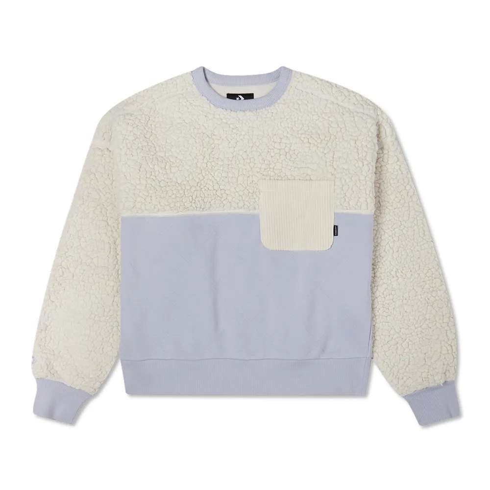 CONVERSE 女款 長袖上衣 圓領套頭衫 大學T 拼接 單寧 不對稱設計 淺灰綠 10025520-A02 歷史價格詳細信息