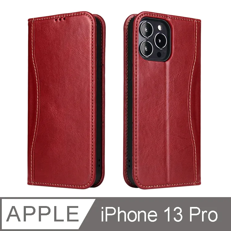 Fierre Shann 真皮紋 iPhone 13 (6.1吋) 錢包支架款 磁吸側掀手工PU皮套保護殼-紅色 歷史價格詳細信息