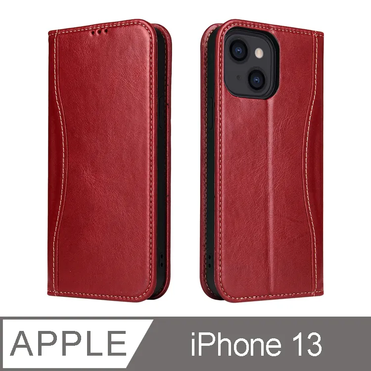 Fierre Shann 真皮紋 iPhone 13 (6.1吋) 錢包支架款 磁吸側掀手工PU皮套保護殼-紅色 歷史價格詳細信息