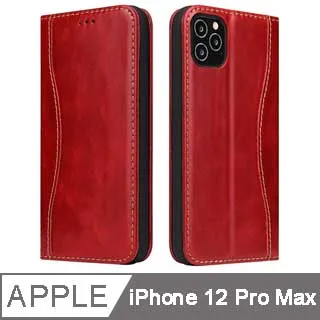 Fierre Shann 真皮紋 iPhone 12 Pro Max (6.7吋) 錢包支架款 磁吸側掀手工PU皮套保護殼-紅色 歷史價格詳細信息