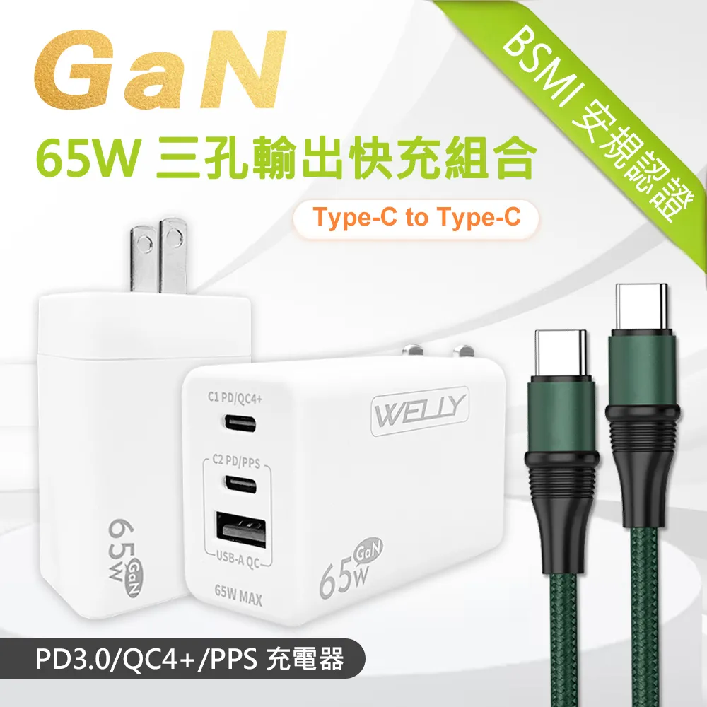 WELLY 65W氮化鎵GaN快充 PD+QC+PPS全兼容 USB-C/A三孔輸出 極速充電器(白色) 歷史價格詳細信息
