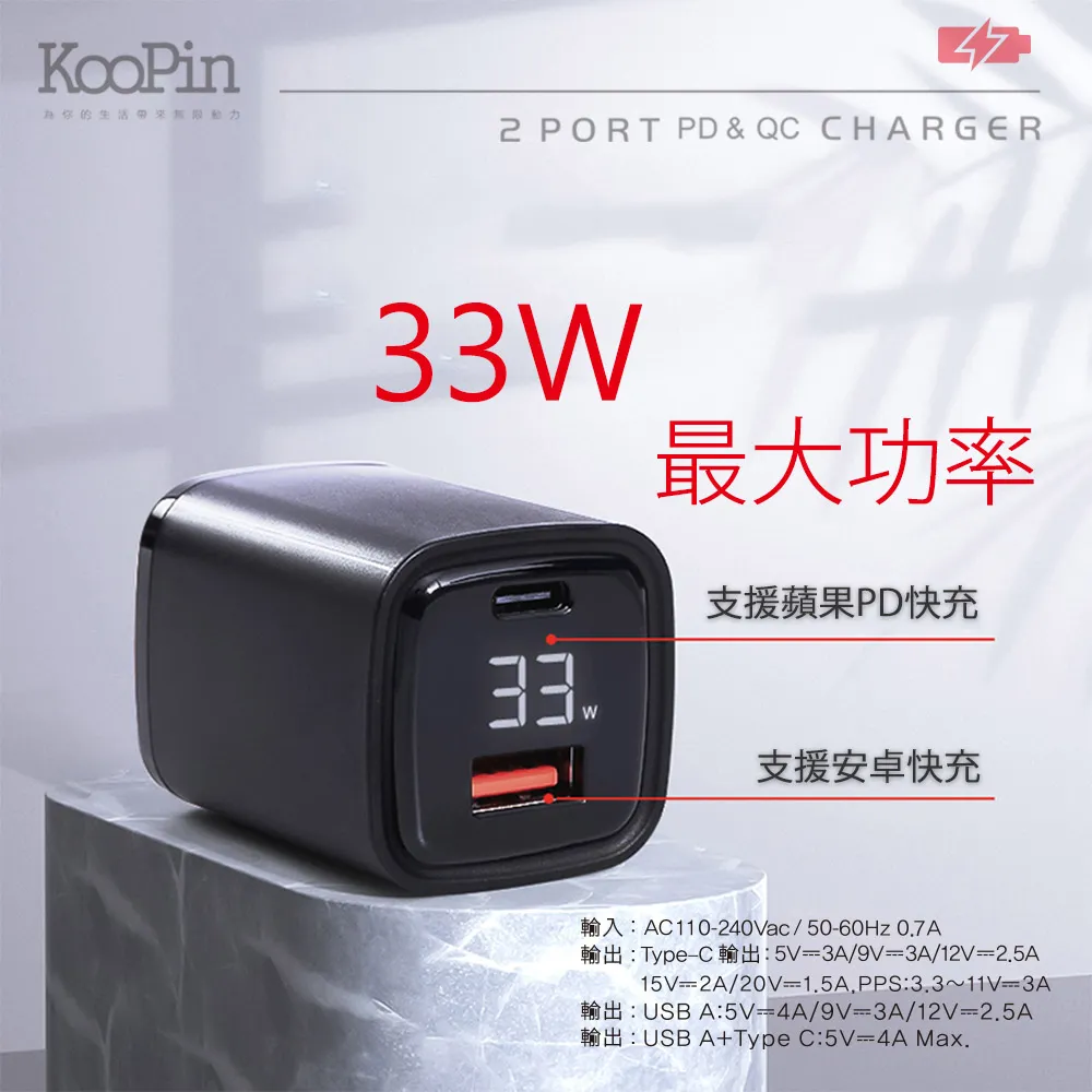 【KooPin】33W液晶顯示 雙孔PD+QC快速充電器+雙頭Type-C E-marker晶片 快充線(2M) 歷史價格詳細信息