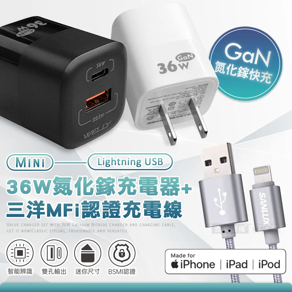 台灣三洋 MFi原廠認證線 Lightning USB 傳輸充電線(200cm)+WELLY 氮化鎵GaN 雙輸出迷你充電器 歷史價格詳細信息
