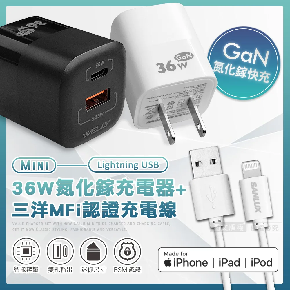 台灣三洋 MFi原廠認證線 Lightning USB 傳輸充電線(200cm)+WELLY 氮化鎵GaN 雙輸出迷你充電器 歷史價格詳細信息