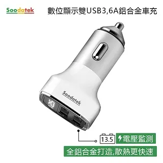 【Soodatek】數位顯示雙孔USB3.6A鋅合金車充SCU2-ZN536SI 歷史價格詳細信息