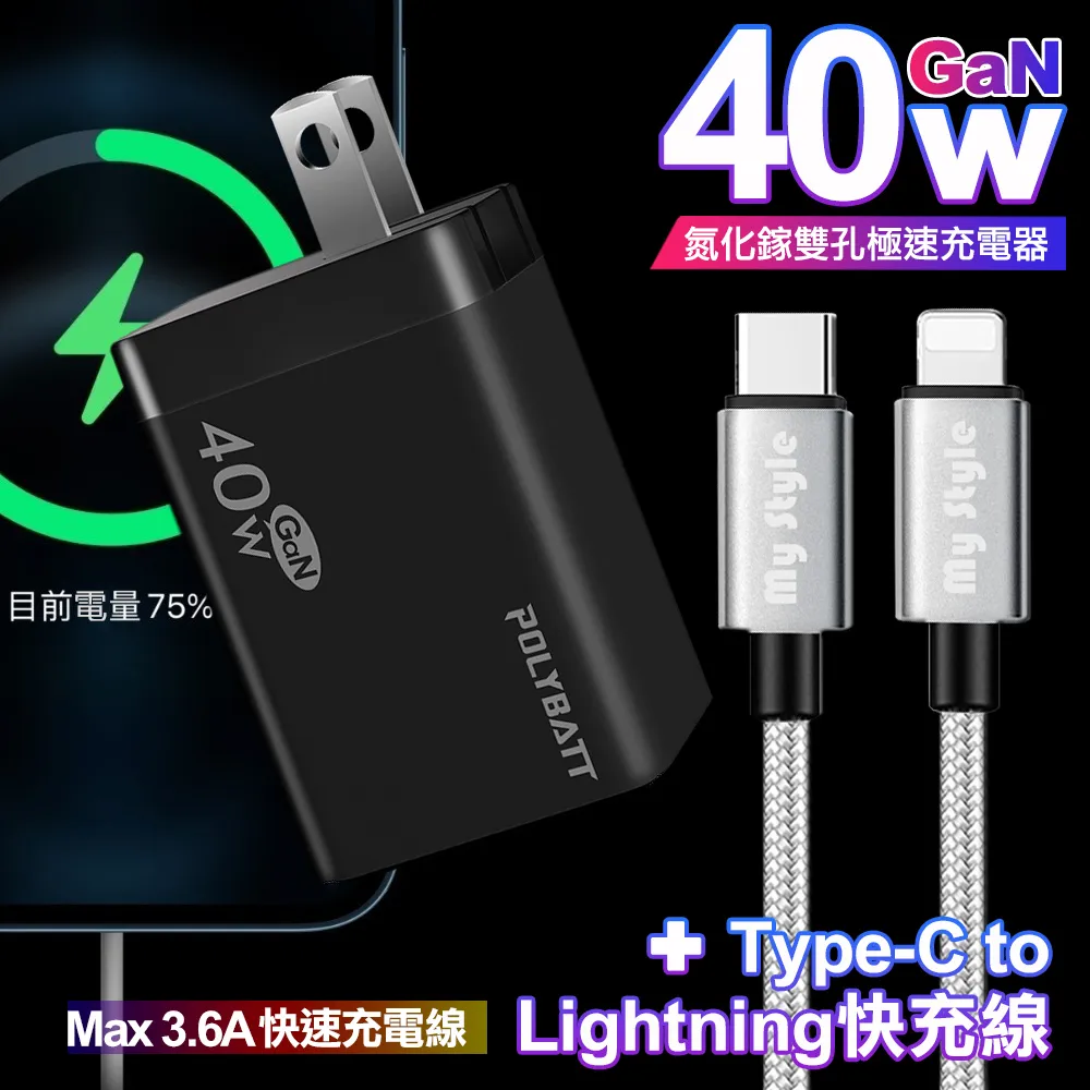 POLYBATT 40W氮化鎵Gan雙Type-C極速充電器黑+NEXSON E-Mark認證Type-C to Type-C超級快充線120cm黑 歷史價格詳細信息