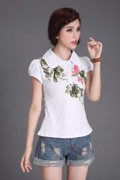 【SUT02022】韓版夏季新款修身顯瘦民族風荷花水墨印花V領鈕扣泡泡袖短袖T恤*有大碼*★ 歷史價格詳細信息