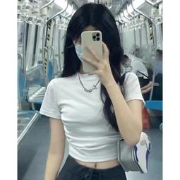 T恤女夏季潮白色修身短款露臍純欲風甜辣修身短袖上衣新款休閒服裝流行女裝衣服上衣．D 歷史價格詳細信息
