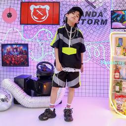 兒童嘻哈潮牌街舞走秀架子鼓hiphop反光短袖襯衫套裝男女童演出服 歷史價格詳細信息