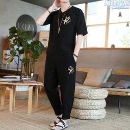 中國風休閒套裝男暗紋提花中袖復古盤扣t恤長褲禪服兩件套居仕服 歷史價格詳細信息