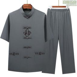 唐裝男士套裝中老年爸爸裝夏季薄款中國風短袖棉麻休閒漢服-正正男裝 歷史價格詳細信息