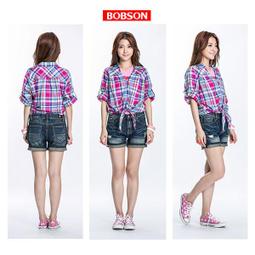 【BOBSON】女款短袖綁結格子上衣(23133-15) 歷史價格詳細信息