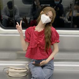 『花漫里』火龍果紅色別致短袖格子小衫女夏季新款小個子甜美露肩襯衫短上衣流行女裝女性服裝休閒服飾~AK15577 歷史價格詳細信息