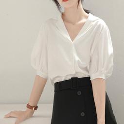 【買爆它】15色 2022開衫夏季新款寬鬆立領純色荷葉邊短袖襯衫泡泡袖上衣通勤時尚派對女裝 歷史價格詳細信息