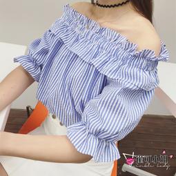【崔可小姐】夏日 條紋一字領 露肩娃娃衫 波浪邊  娃娃襯衫【HW0011】 歷史價格詳細信息