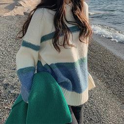 秋冬日系撞色條紋圓領針織衫 美式高街復古打底衫 休閒慵懶寬鬆毛衣男-潮男服飾 歷史價格詳細信息
