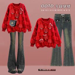 《新年紅》圣誕主題毛衣女士圓領針織衫新款秋冬百搭慵懶風套頭打底衫潮 歷史價格詳細信息