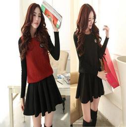 ☆女孩衣著☆2015秋季新款韓版寬鬆氣質大碼女裝假兩件針織豹?連衣裙(NO.48) 歷史價格詳細信息