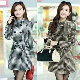 ☆女孩衣著☆毛呢外套女中長款2015秋冬新款韓版修身大碼羊毛格子羊絨呢子大衣(NO.290) 歷史價格詳細信息