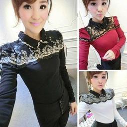 ☆女孩衣著☆蕾絲長袖t恤女春秋韓版顯瘦女裝打底衫提花燙鑽針織衫蕾絲衫上衣(NO.72) 歷史價格詳細信息
