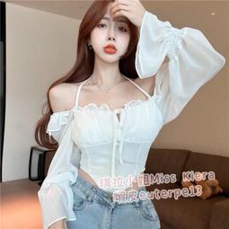 ［琪拉小姐］名媛風珍珠鍊掛脖雪紡削肩上衣 女人味荷葉掛脖繞頸上衣 露肩上衣 性感上衣 多層次荷葉邊上衣 娃娃裝 3色 歷史價格詳細信息