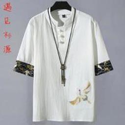 夏季薄款  亞麻短袖T恤  男  中國風仙鶴刺繡白棉麻料潮流寬松古風男裝 歷史價格詳細信息