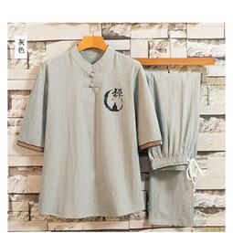 中國風夏季休閒套裝男短袖T恤寬鬆長褲潮流復古拼接刺繡 兩件套男 歷史價格詳細信息