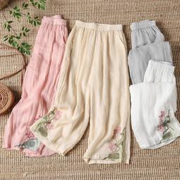 中式民族風闊腿褲釹夏季國風複古拼色刺繡透氣口袋顯瘦休閑褲長褲 歷史價格詳細信息