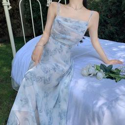 台灣現貨三亞海邊度假法式碎花洋裝小個子高級感鎖骨一字領吊帶長裙女夏  露天市集  全台最大的網路購物市集 歷史價格詳細信息