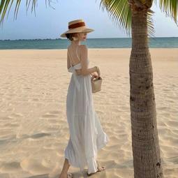 三亞旅遊衣服 超仙吊帶露背過膝沙灘裙長裙子女夏氣質顯瘦連衣裙 歷史價格詳細信息