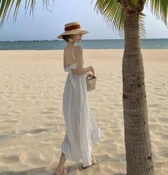 三亞旅遊衣服 超仙吊帶露背過膝沙灘裙長裙子女夏氣質顯瘦連衣裙 歷史價格詳細信息