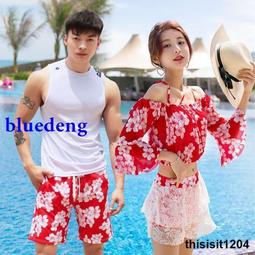 新款韓國情侶泳衣女大小胸聚攏連身裙式露背燕尾溫泉泳衣男沙灘褲 歷史價格詳細信息