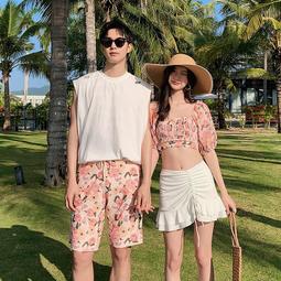 泳衣女情侶2020新款韓國保守顯瘦沙灘褲男士情侶款泳裝三件套 歷史價格詳細信息