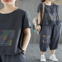 棉運動套裝女2024夏季新款文藝復古印花短袖休閒時尚寬鬆兩件套 價格比較,價格查詢,歷史價格詳細信息
