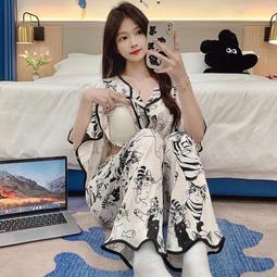 台灣現貨帶胸墊短袖長褲睡衣女加大加肥夏季休閒睡衣女套頭家居服套裝 歷史價格詳細信息