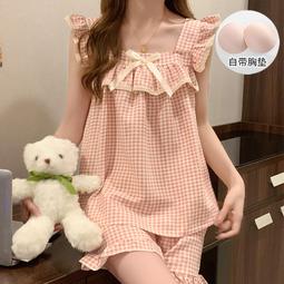 台灣現貨帶胸墊吊帶短褲雲朵棉睡衣女流蘇家居服套裝 歷史價格詳細信息