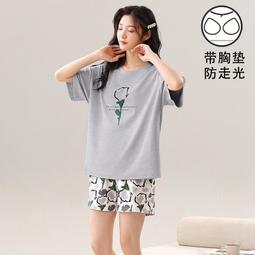 台灣現貨帶胸墊睡衣女短袖可愛學生休閒條紋韓版寬鬆可外穿家居服短褲套裝 歷史價格詳細信息