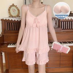 台灣現貨帶胸墊睡衣女夏季薄款棉質吊帶無袖背心夏天大尺碼套裝家居服可外穿 歷史價格詳細信息