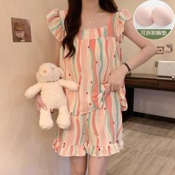 台灣現貨帶胸墊新款泡泡皺睡衣女夏季可愛性感吊帶格子蕾絲家居服套裝 歷史價格詳細信息