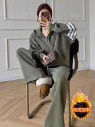 秋冬新款休閒運動套裝女炸街白色奶fufu時尚厚t恤闊腿褲兩件套 歷史價格詳細信息